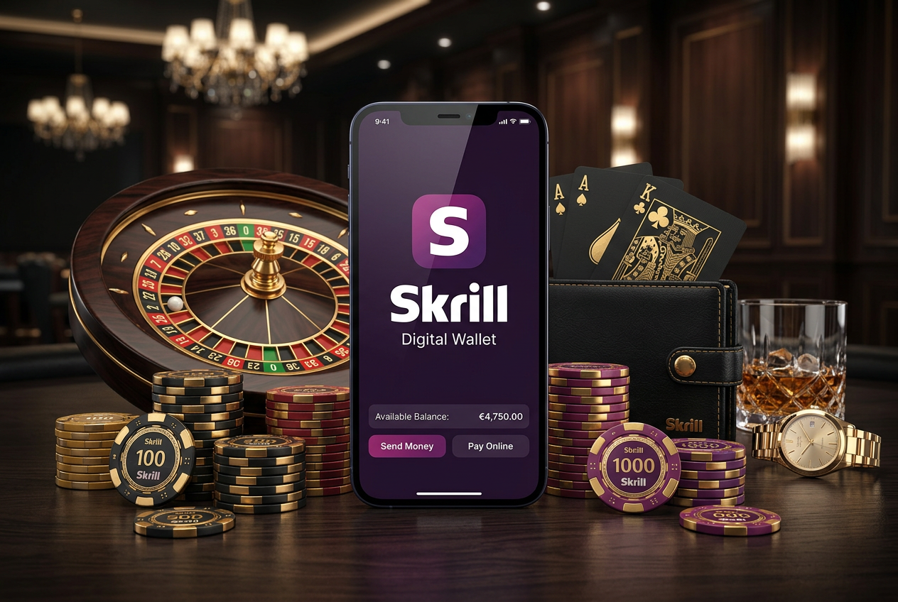 Smartphone displaying Skrill digital wallet next to casino chips on a luxury dark background