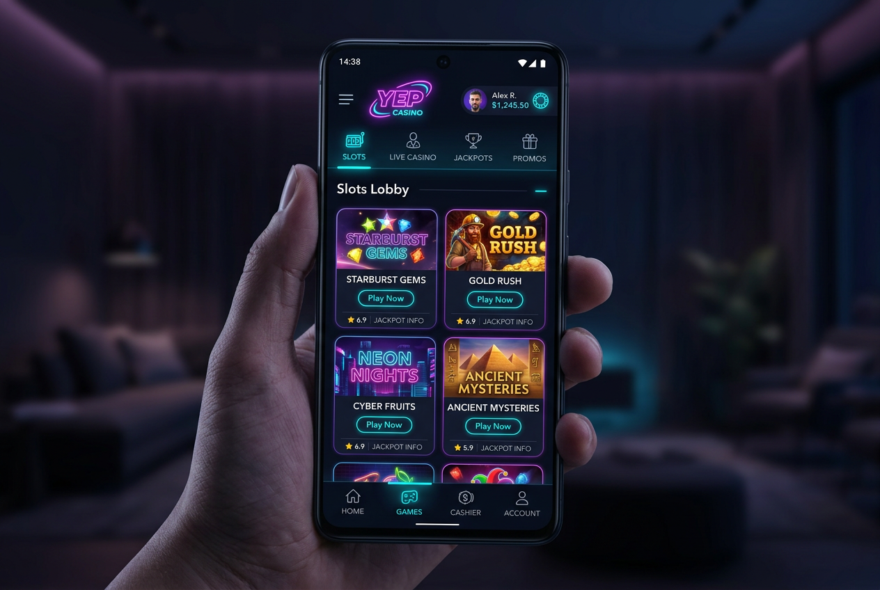 Modern mobile casino interface Yep Casino with dark mode slots lobby